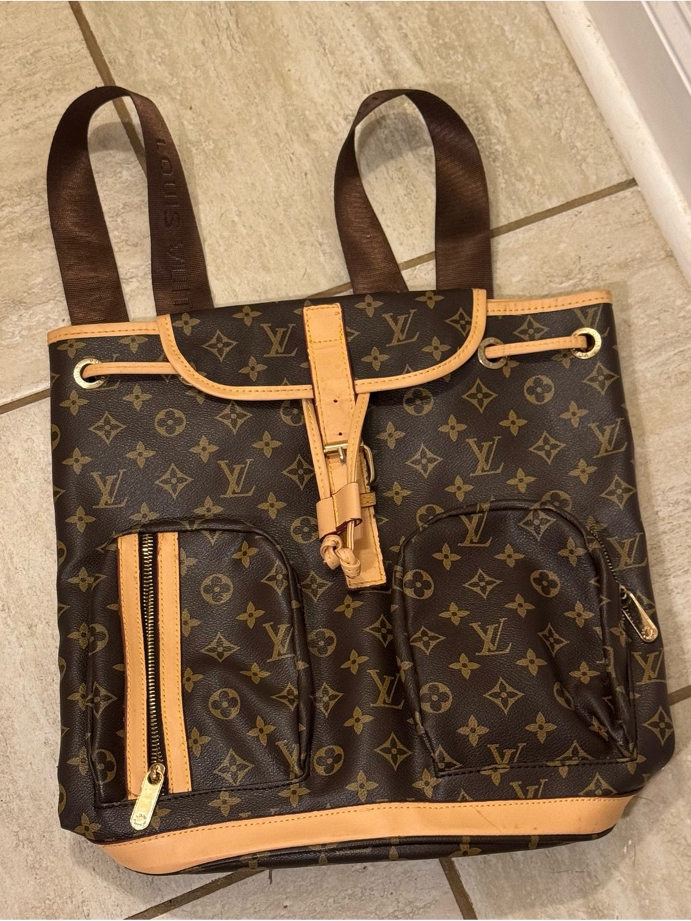 Excellent Condition Fashion Backpack Purse Brown & Gold Trim - Picture 2 of 3